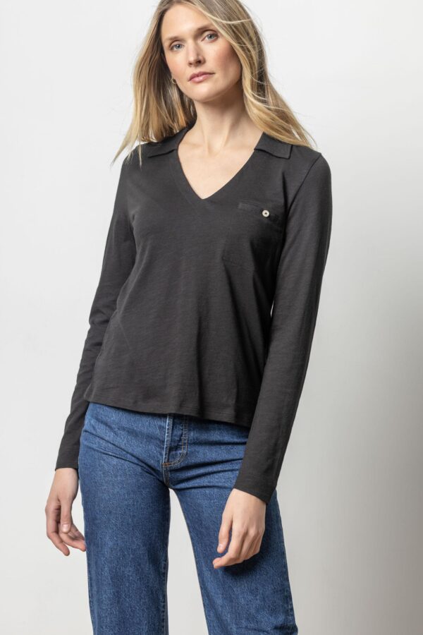 Long Sleeve Collared V-Neck Top - Image 4