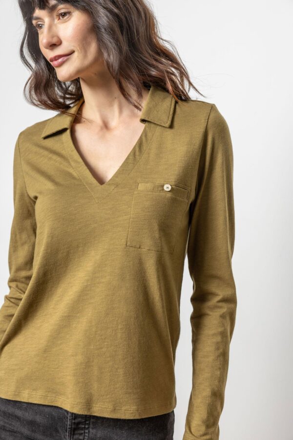 Long Sleeve Collared V-Neck Top - Image 2
